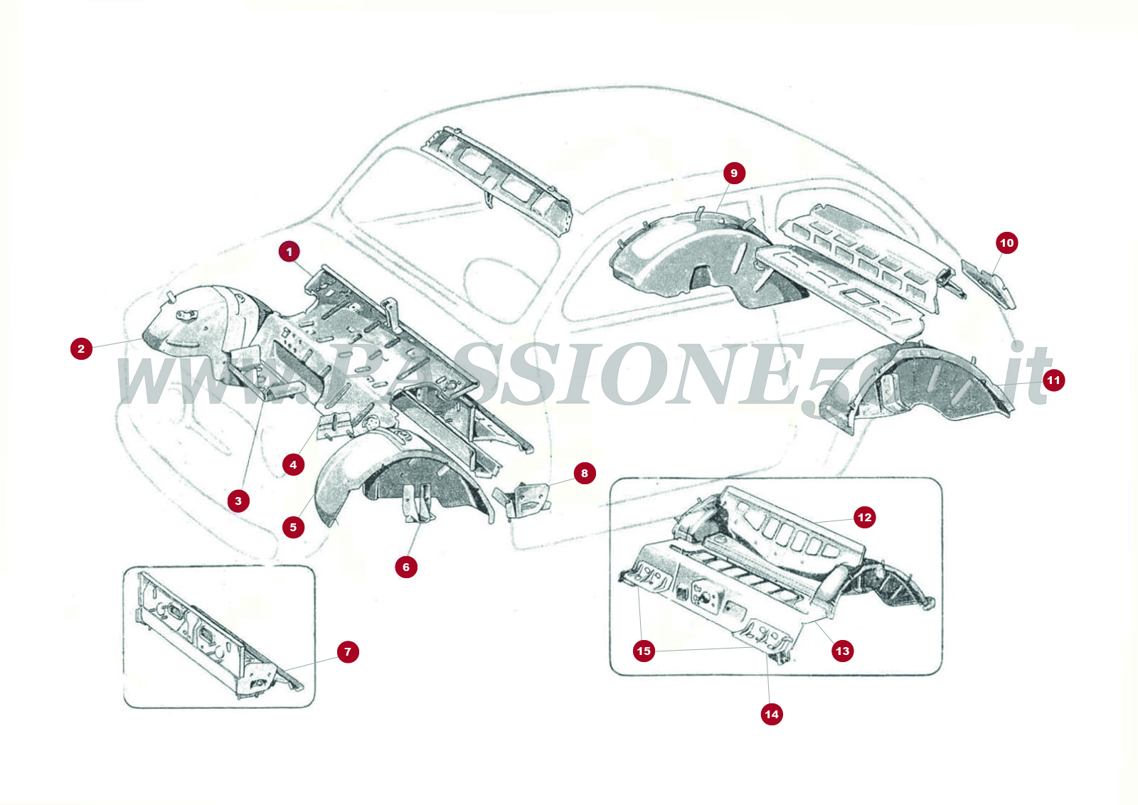 ESPLOSO 4C – Lamierati interni anteriori e posteriori FIAT 500D