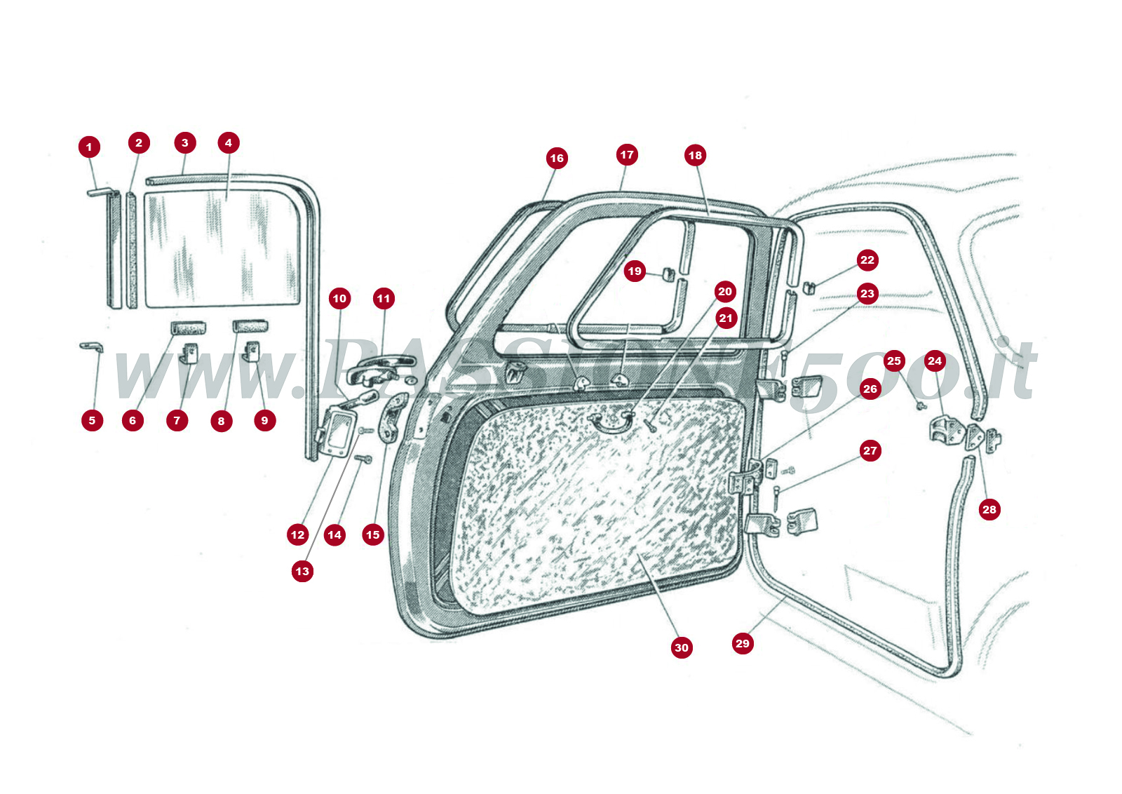 DRAWING 7C – Door and parts FIAT 500 N Economica trasformabile