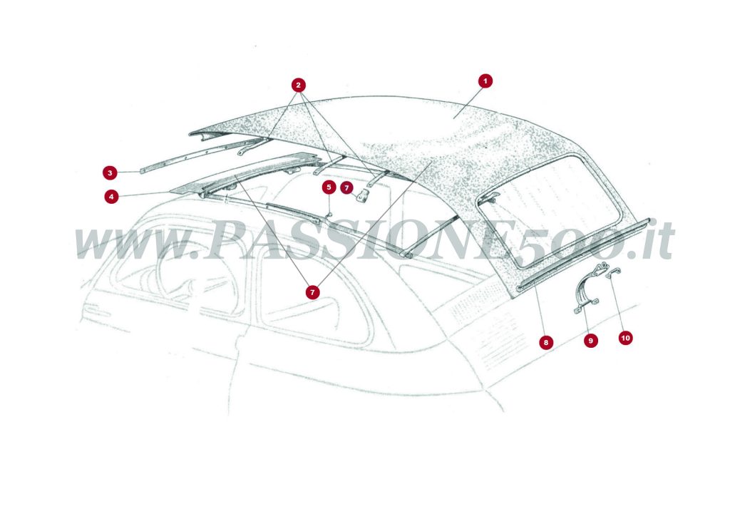 VUE EN ÈCLATÈ 11C – Capote et particulier FIAT 500N Economica trasformabile