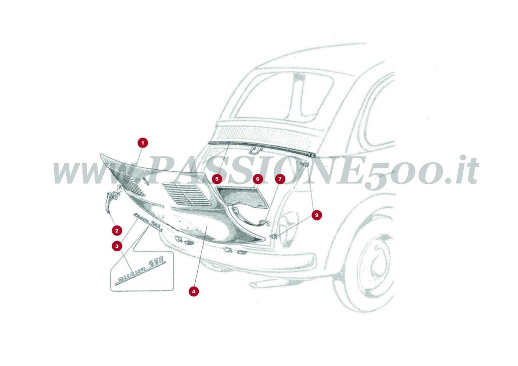 ESPLOSO 12C – Cofano posteriore e particolari FIAT 500D