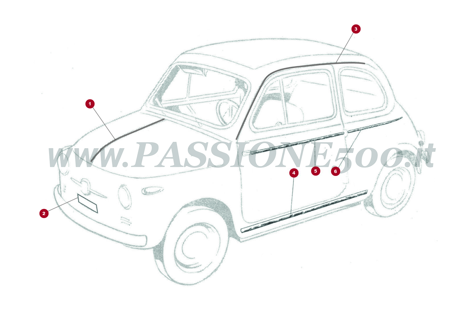 DESSIN 14C – Dètails extérieur et baguettes FIAT 500N