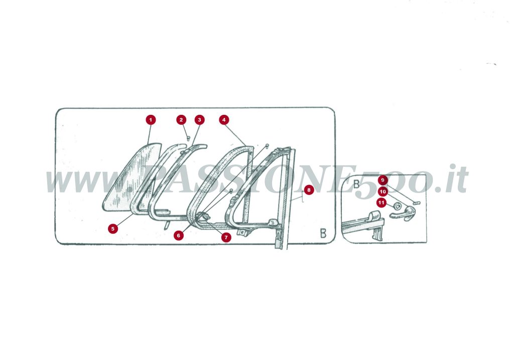 ESPLOSO 6C/1 โ Cristallo deflettore e particolari FIAT 500D da nยฐ per ricambi 193609