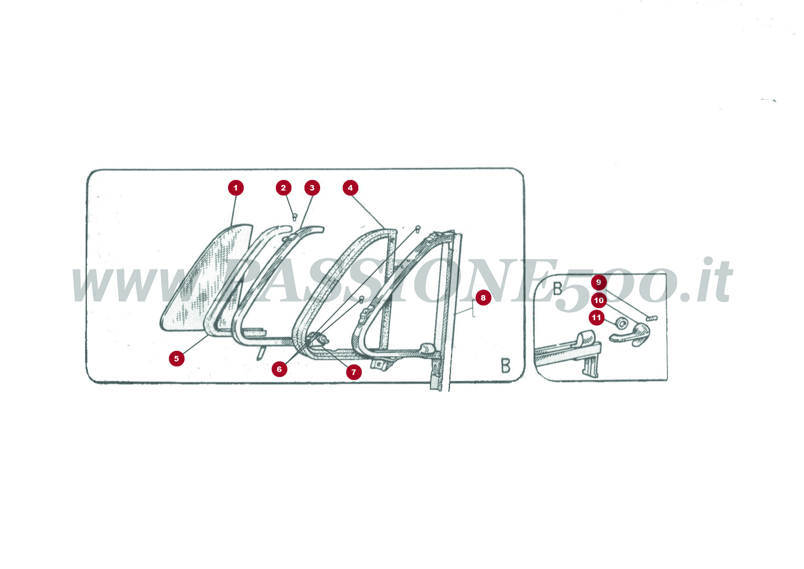 EXPLOSIONSZEICHNUNG 6C/1 – Dreiecksfenster un sonstiges FIAT 500 Giardiniera Base D von ord. n° für ersatzzwecke 20221