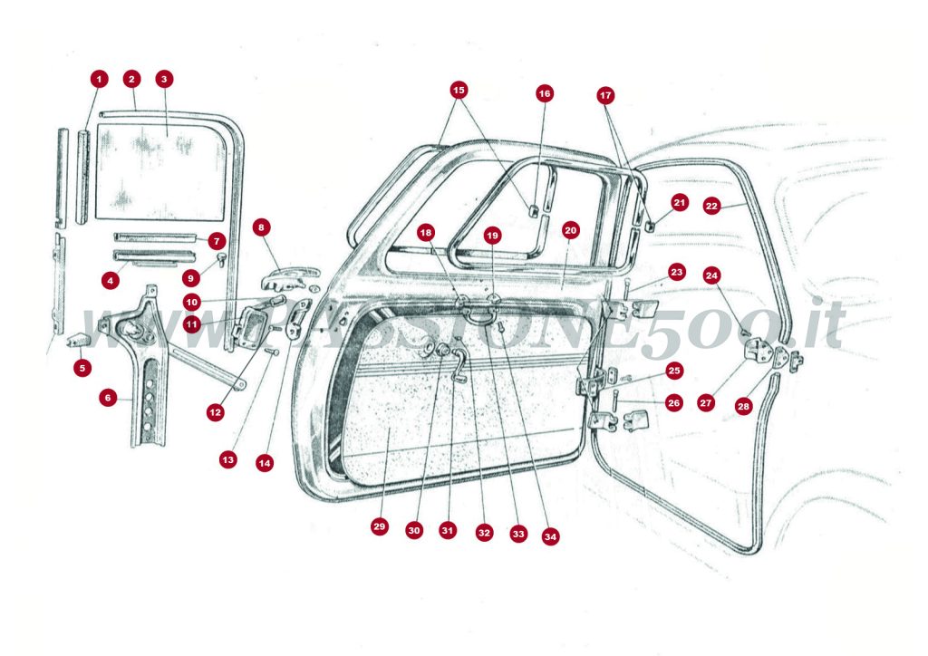 ESPLOSO 7C – Porta e particolari FIAT 500D fino a nยฐ per ricambi 314070