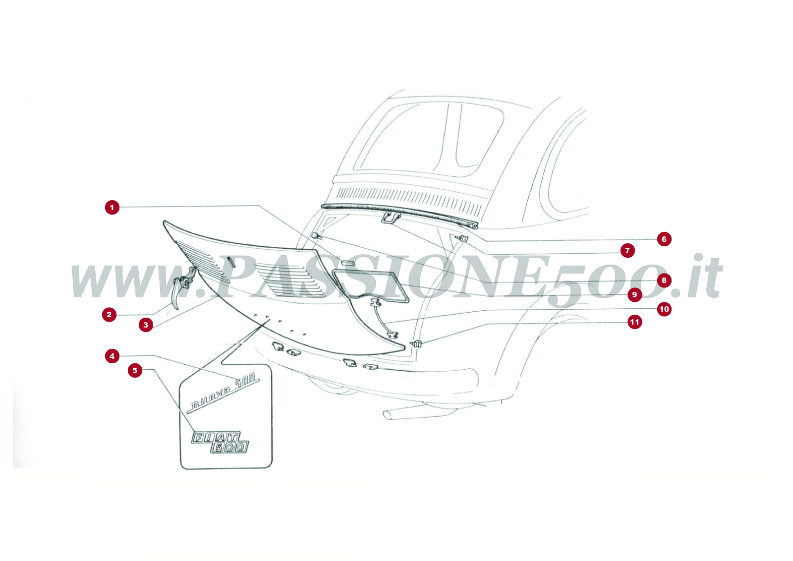 VUE EN ÈCLATÈ 11C– Capote arrière moteur et particulier FIAT 500F