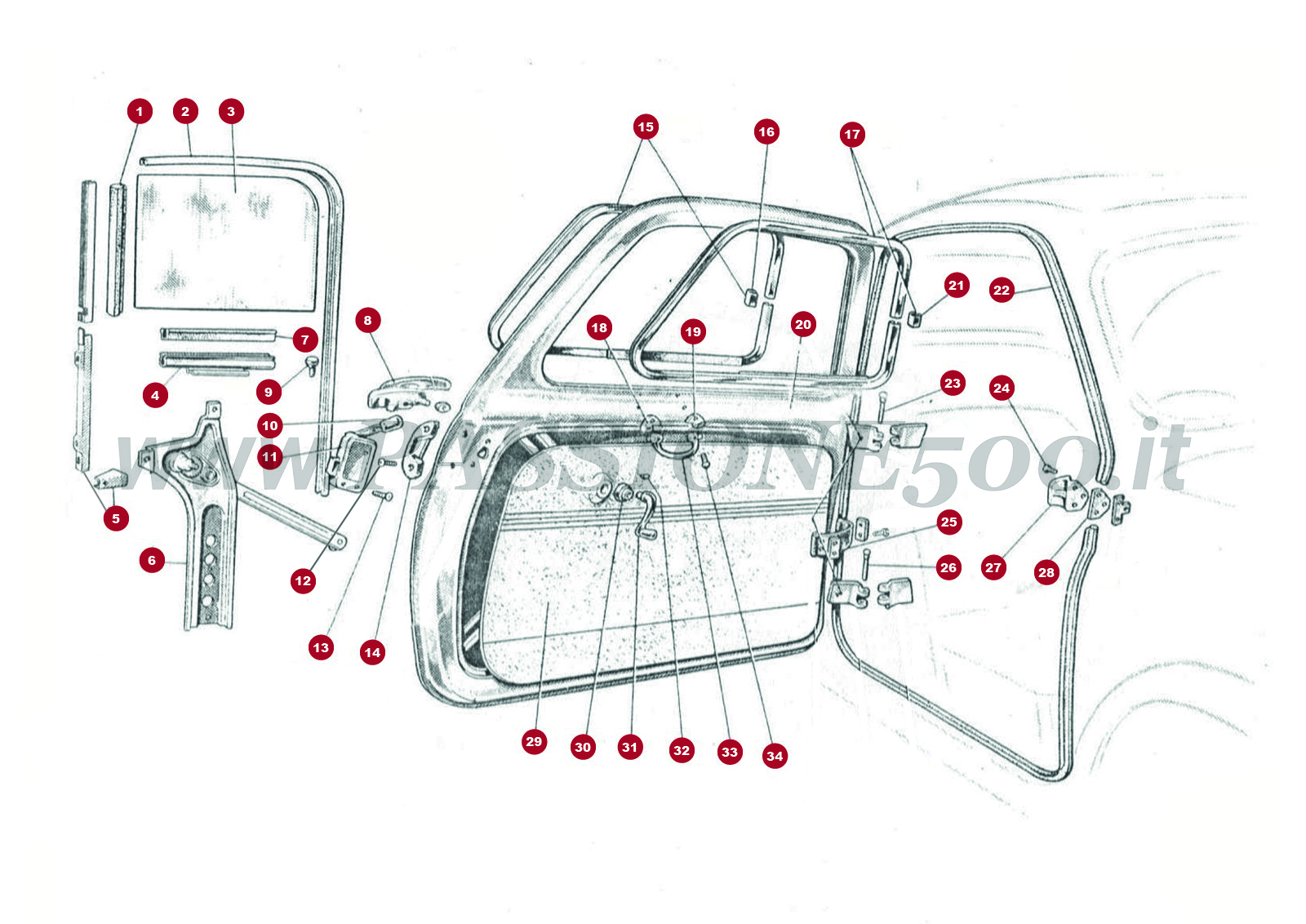 ESPLOSO 7C – Porta e particolari FIAT 500D fino a n° per ricambi 314070