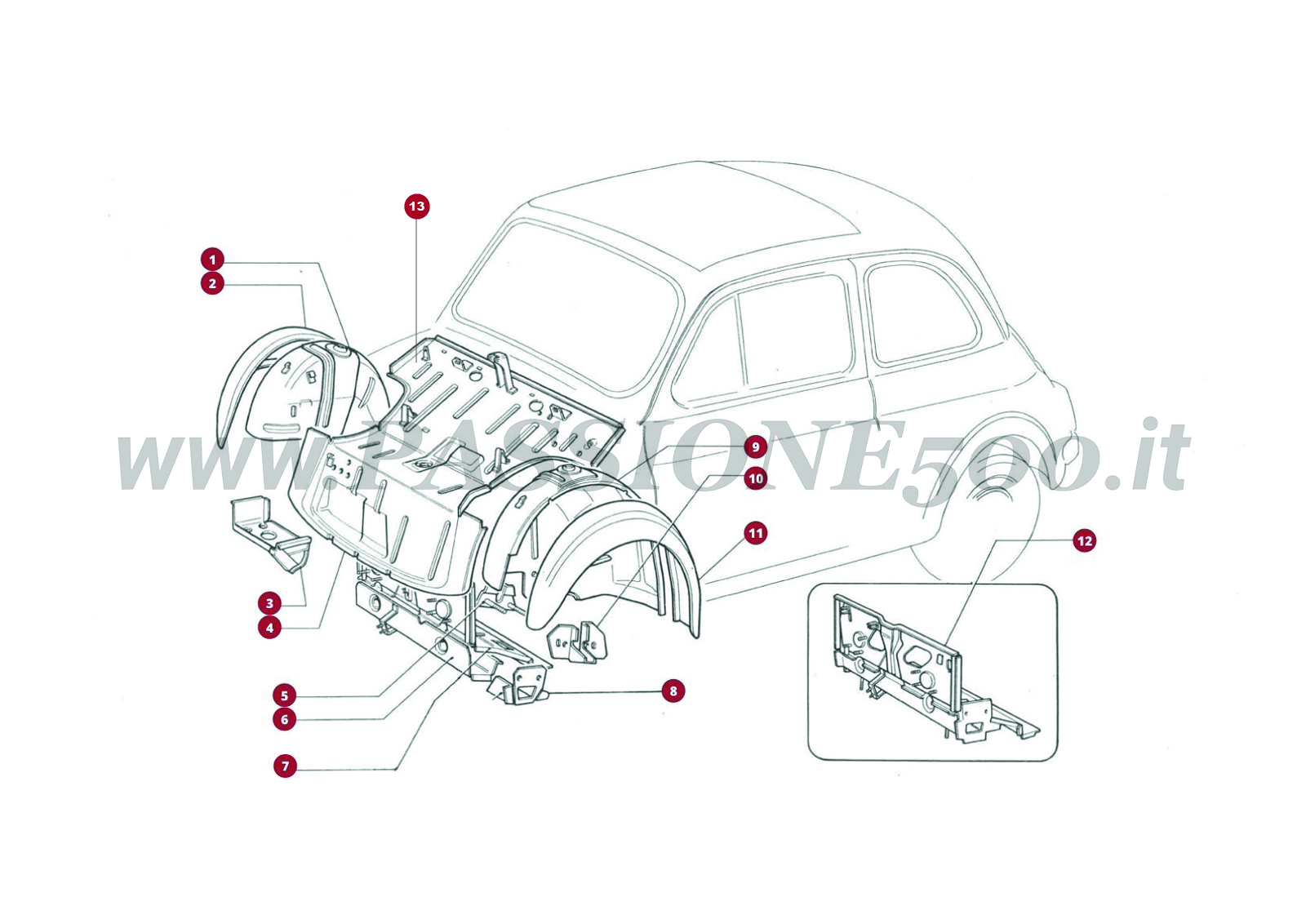 VUE EN ÈCLATÈ 4C – Pièces internes de carrosserie avant FIAT 500R