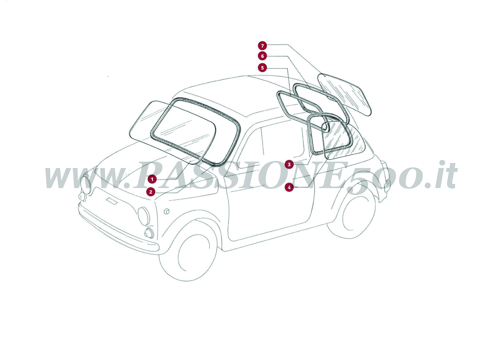 VUE EN ÈCLATÈ 9C – Vitres et joints FIAT 500R