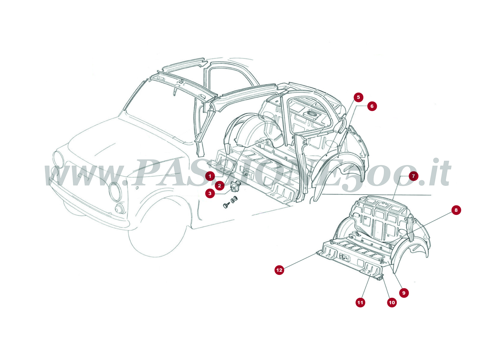VUE EN ÈCLATÈ 4C/1– Pièces internes de carrosserie arrière FIAT 500R