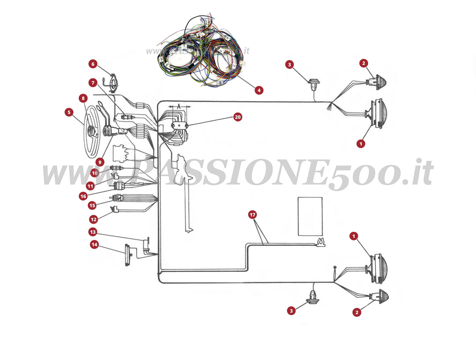 ESPLOSO 34/2M – Impianto elettrico parte anteriore FIAT 500N (da nr. per ricambi 099627)