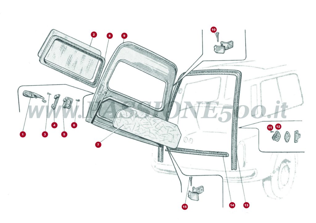 EXPLOSIONSZEICHNUNG 10C – Heckklappe und sonstiges FIAT 500 Giardiniera Base D