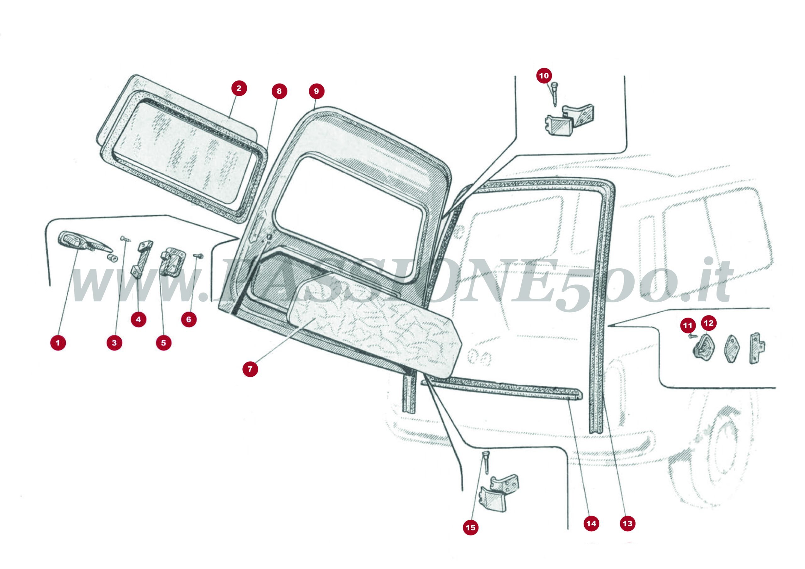 EXPOLOSIONSZEICHNUNG 10C – Heckklappe und sonstiges FIAT 500 Giardiniera Base D