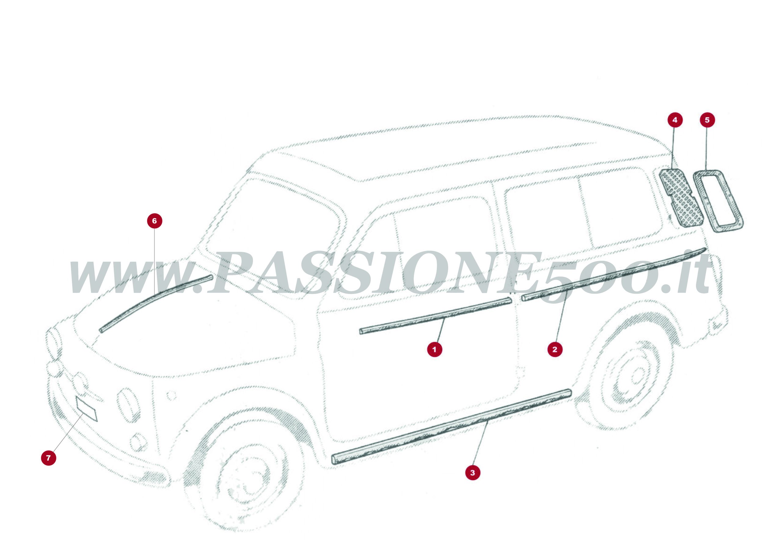 ESPLOSO 13C – Particolari esterni e modanature FIAT 500 Giardiniera Base D