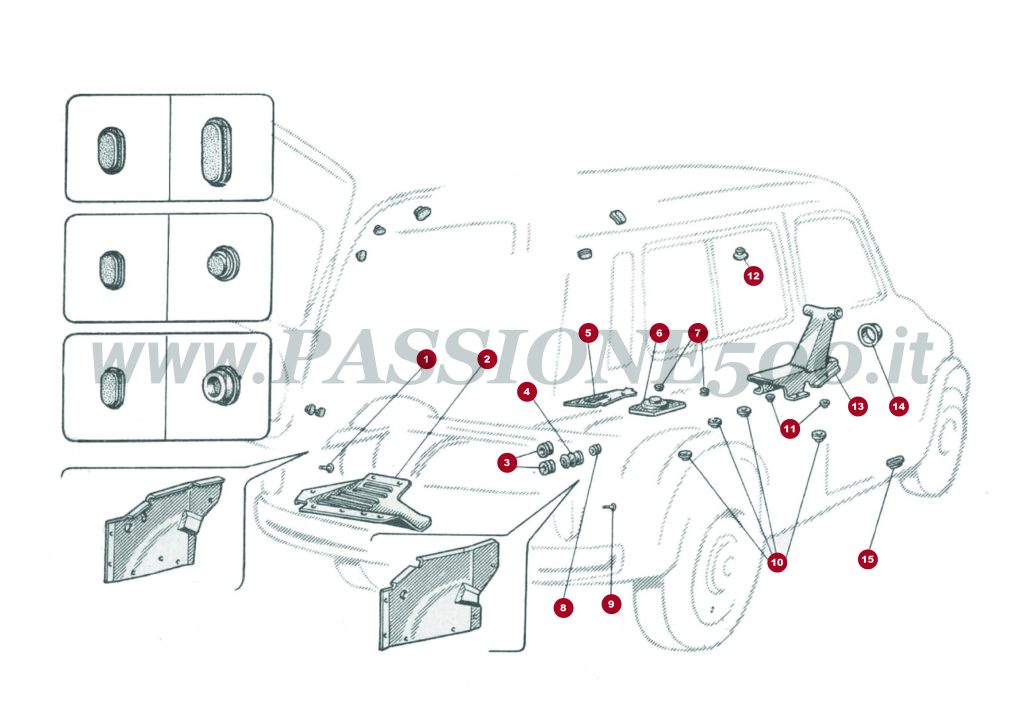EXPLOSIONSZEICHNUNG 14C – Schutzschilde und gummistopfen FIAT 500 500 Giardiniera Base D