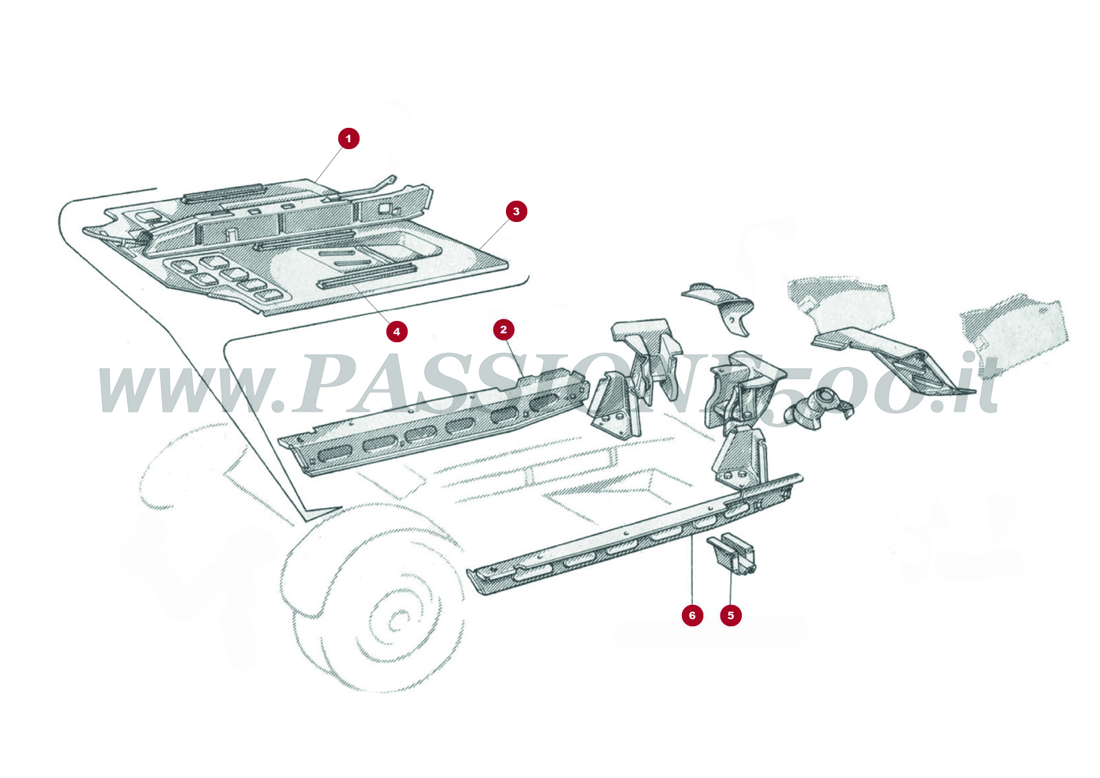 EXPLOSIONSZEICHNUNG 3C – Zentrale bodenblech und sonstiges FIAT 500 Giardiniera Base D