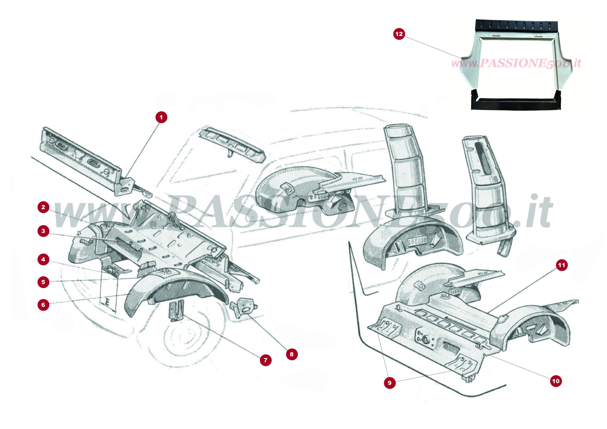 VUE EN ÈCLATÈ 4C – Pièces internes de carrosserie avant et arrière FIAT 500 Giardiniera Base D