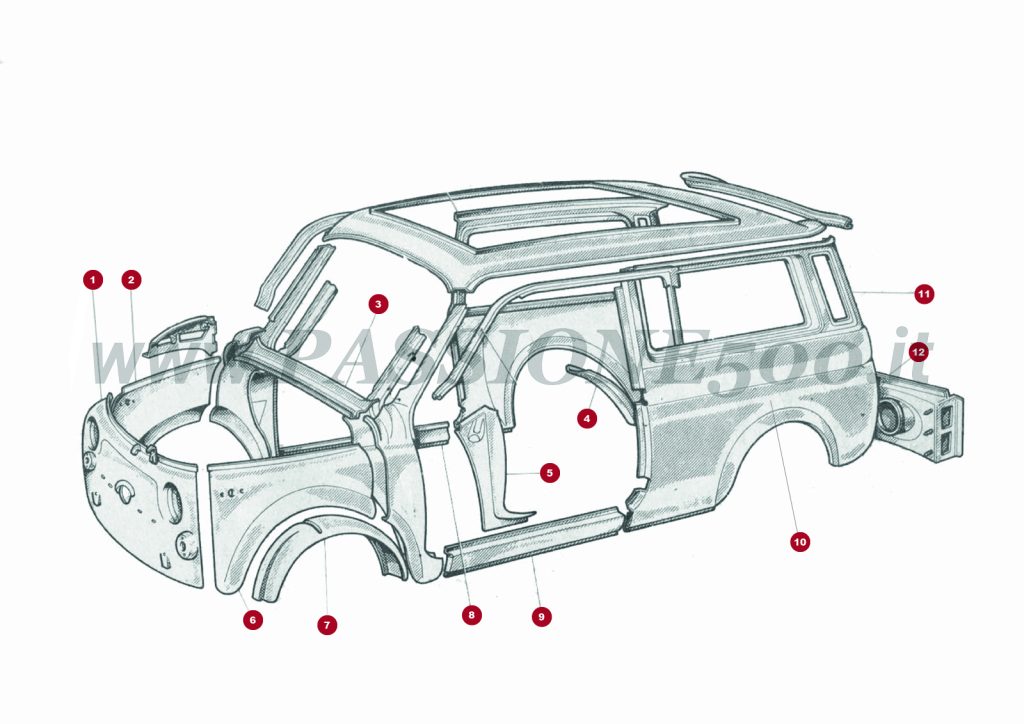 EXPLOSIONSZEICHNUNG 5C – Extern blechteile FIAT 500 Giardiniera Base D