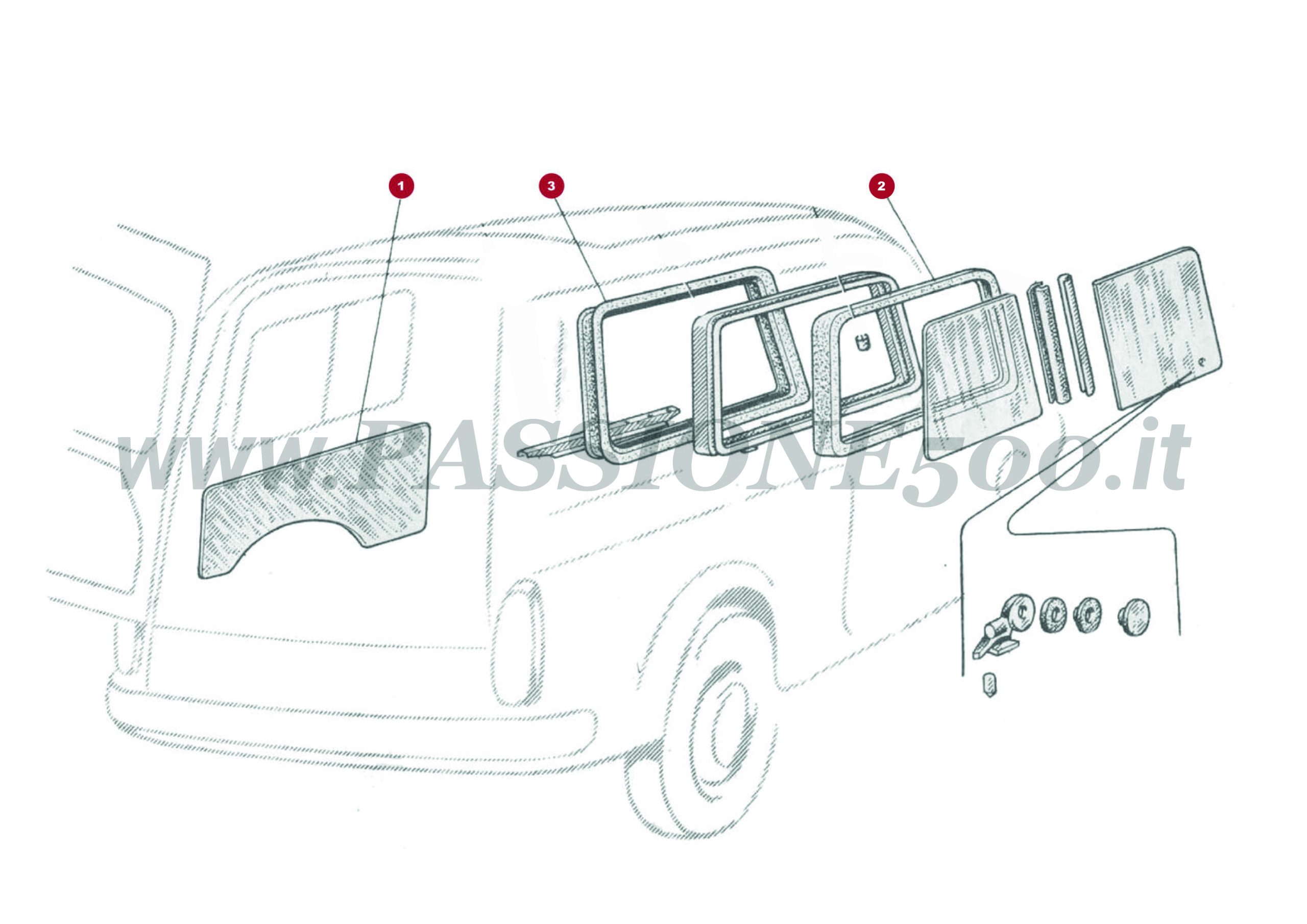 VUE EN ÈCLATÈ 8C – Vitre de custode et guarniture panneau arrière FIAT 500 Giardiniera Base D