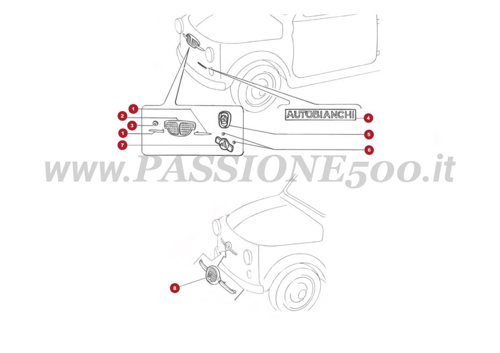 EXPLOSIONSZEICHNUNG 12C – Frontembleme FIAT 500 Autobianchi Giardiniera Base F