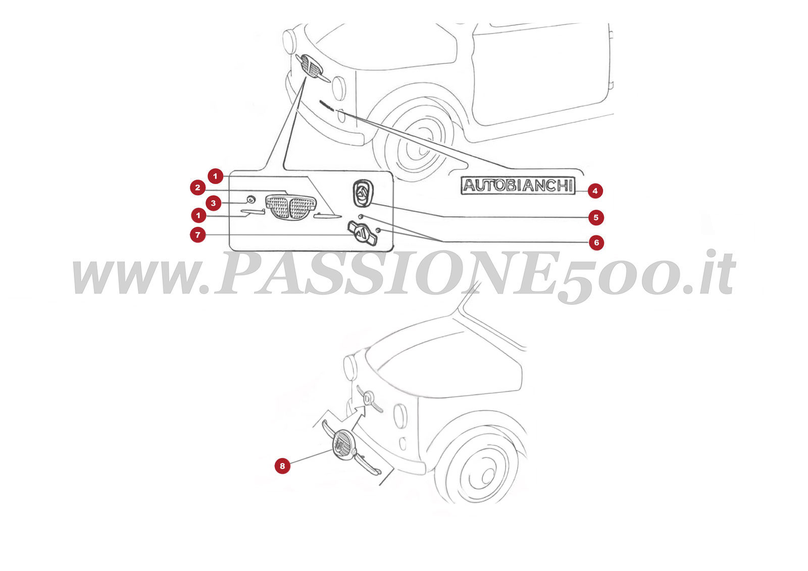 ESPLOSO 12C – Fregi frontale FIAT 500 Autobianchi Giardiniera Base F