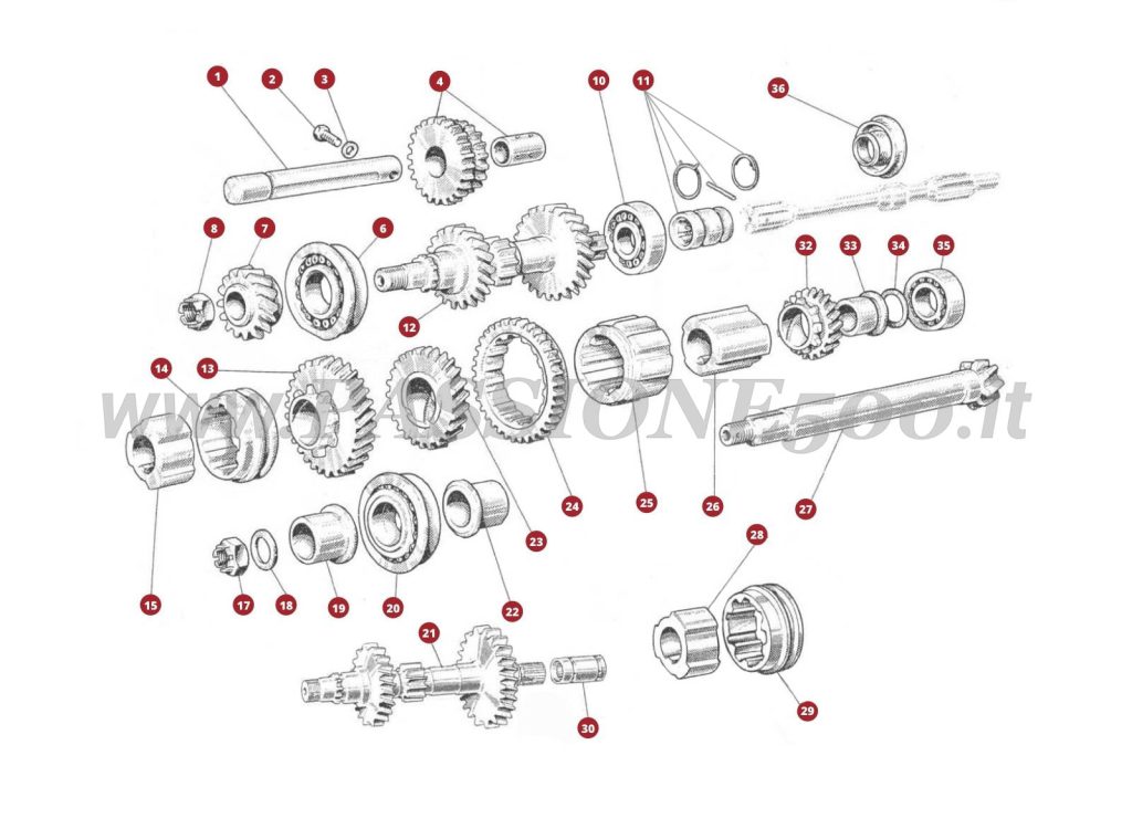 EXPLOSIONSZEICHNUNG 18M – Zahnräder und wellen FIAT 500D