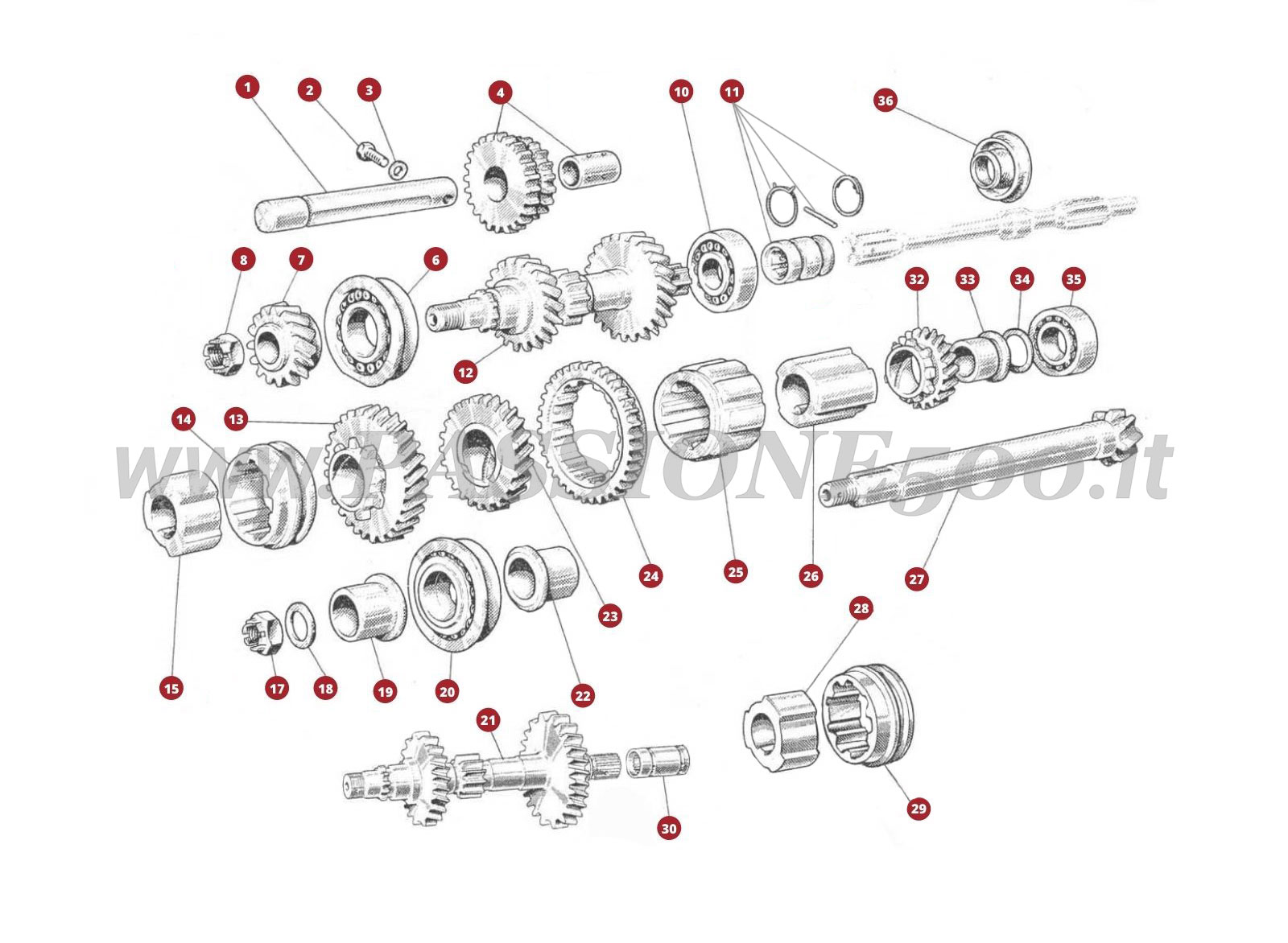 EXPLOSIONSZEICHNUNG 18M – Zahnräder und wellen FIAT 500D