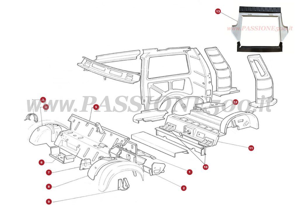 EXPLOSIONSZEICHNUNG 4C – Innere blechteil vorne und hinten Autobianchi FIAT 500 Giardiniera Base F
