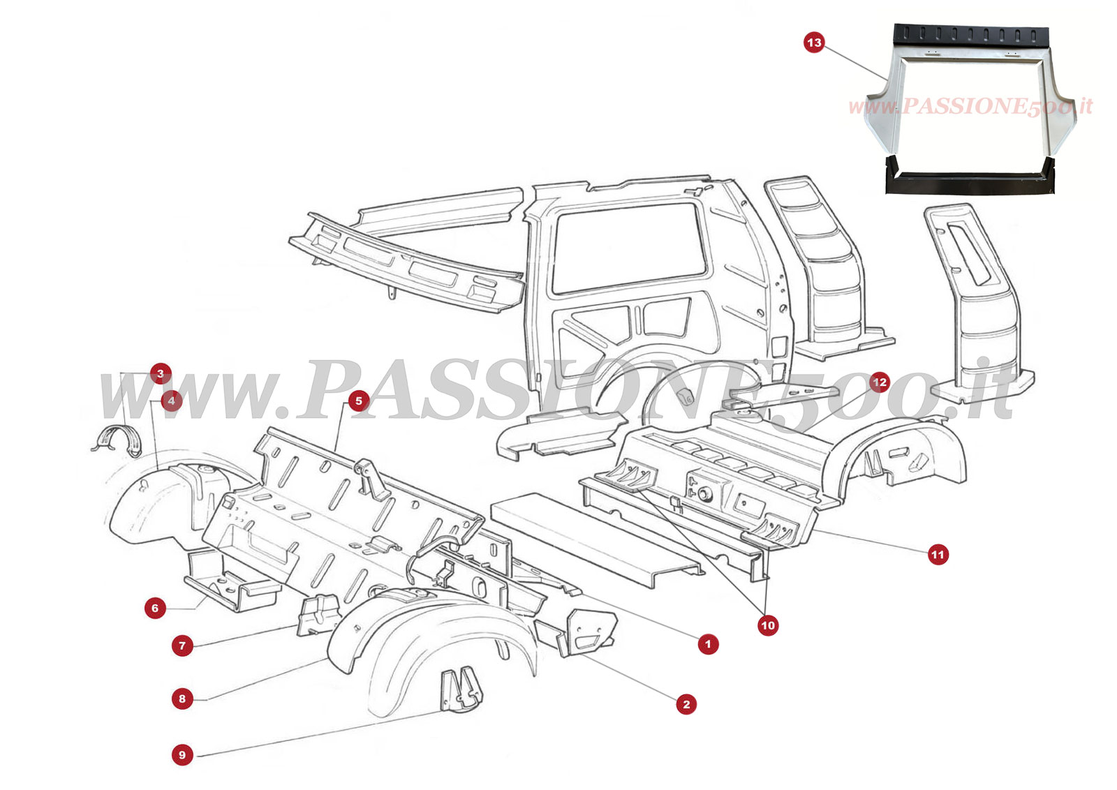 ESPLOSO 4C – Lamierati interni anteriori e posteriori Autobianchi FIAT 500 Giardiniera Base F