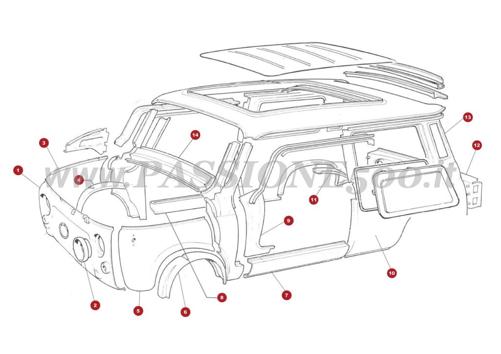 EXPLOSIONSZEICHNUNG 5C – Extern blechteile FIAT 500 Autobianchi Giardiniera Base F