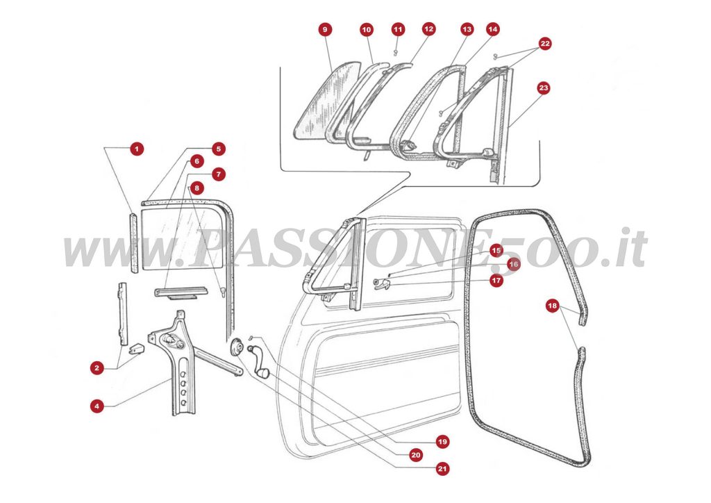 EXPLOSIONSZEICHNUNG 6C – Dreiecksfenster und sonstiges FIAT 500 Autobianchi Giardiniera Base F