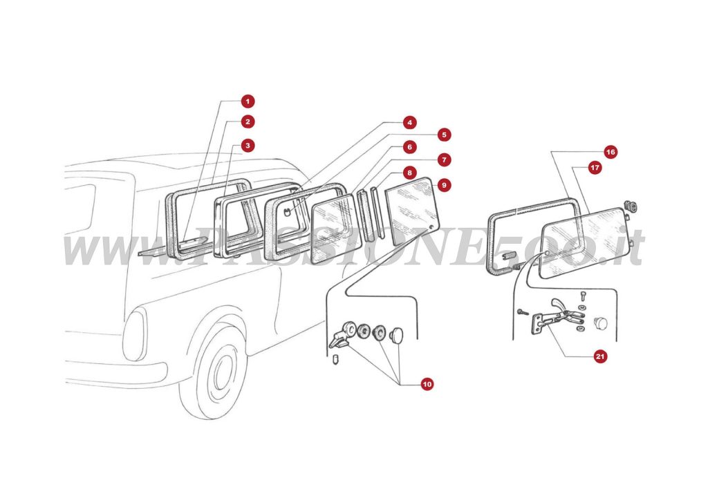 EXPLOSIONSZEICHNUNG 8C – Seitenscheibe hinten FIAT 500 Autobianchi Giardiniera Base F