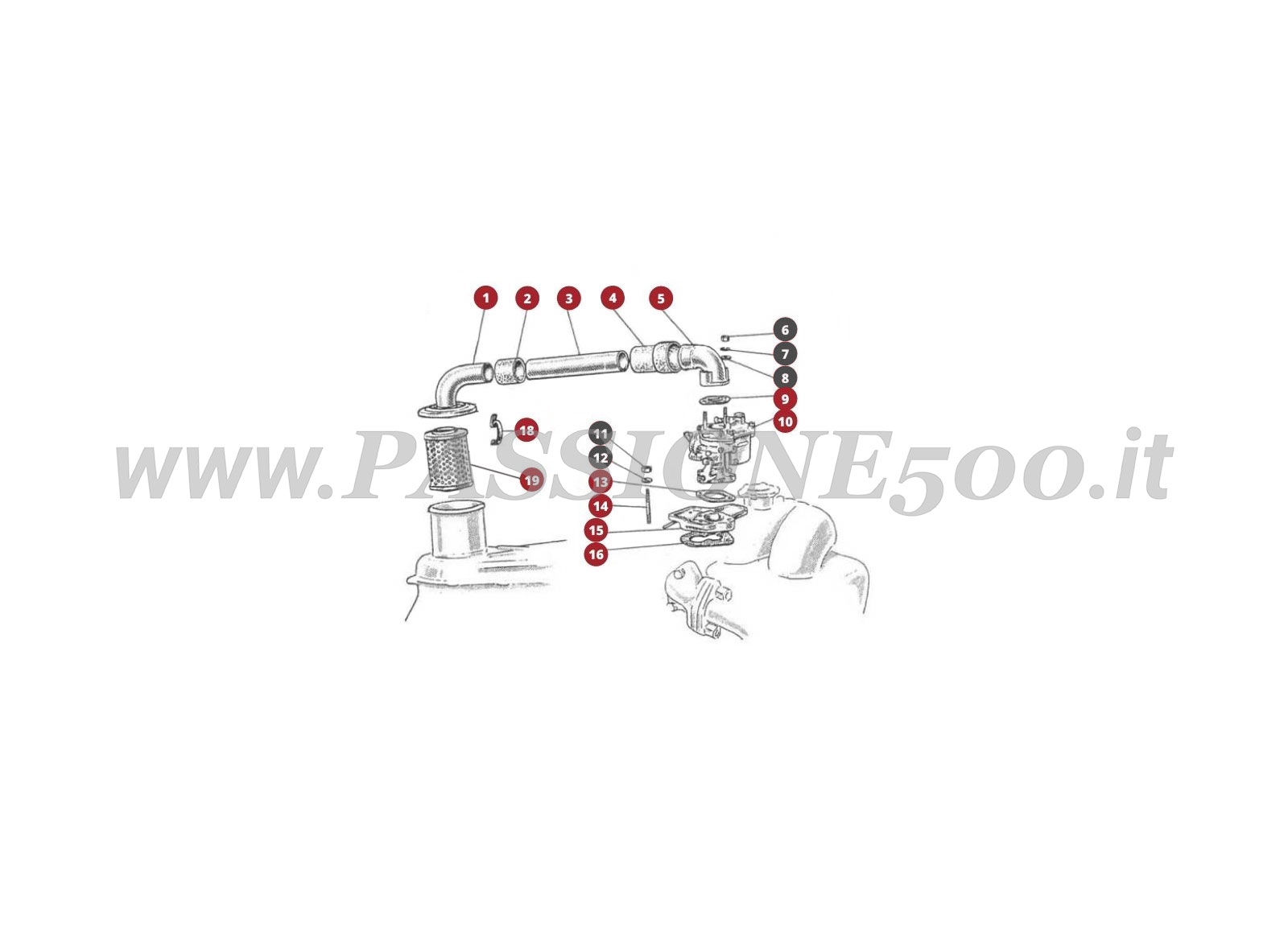EXPLODED VIEW 9M – Carburettor and air filter FIAT 500D