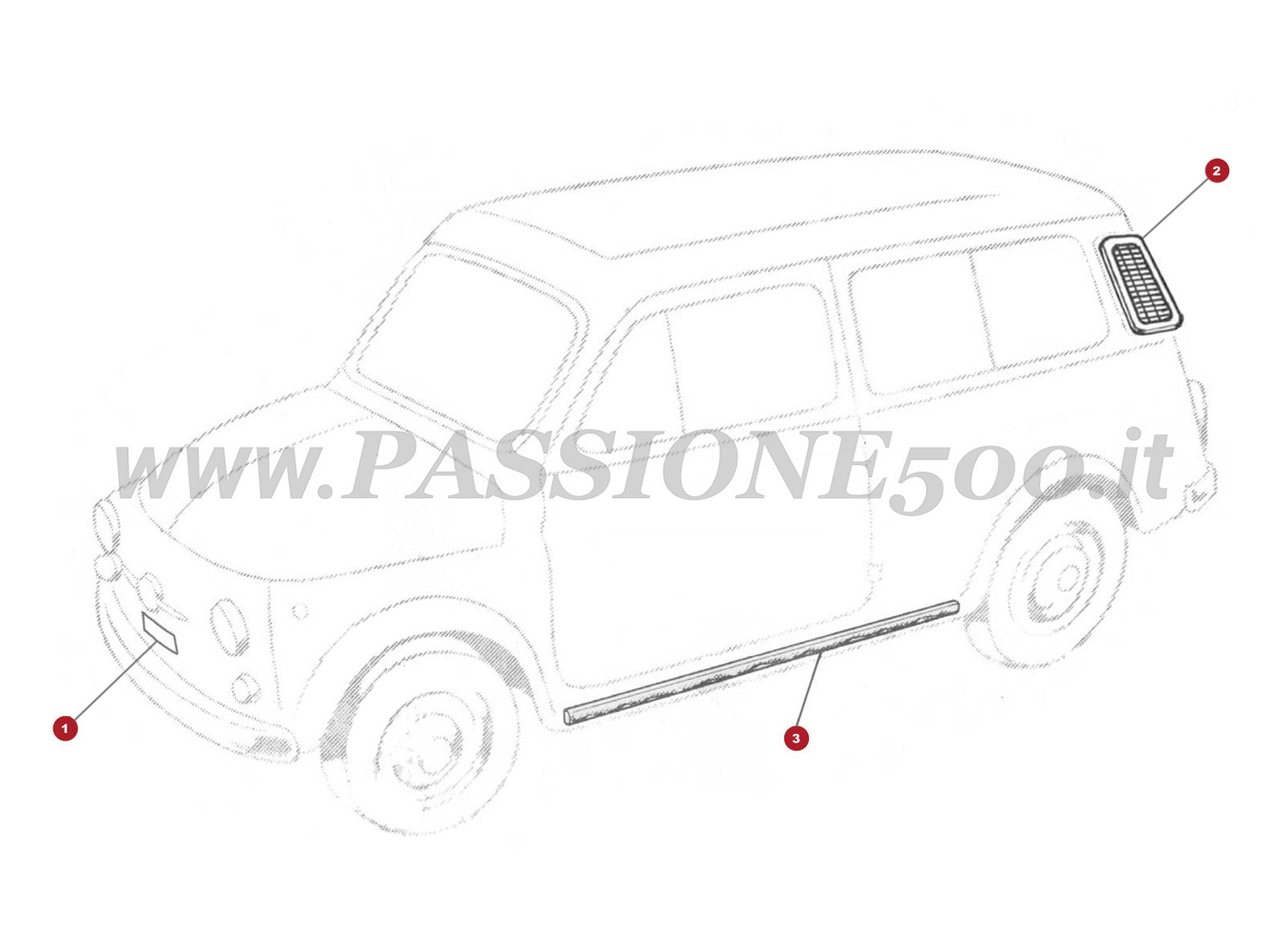 ESPLOSO 13C – Particolari esterni e modanature FIAT Autobianchi 500 Giardiniera Base F
