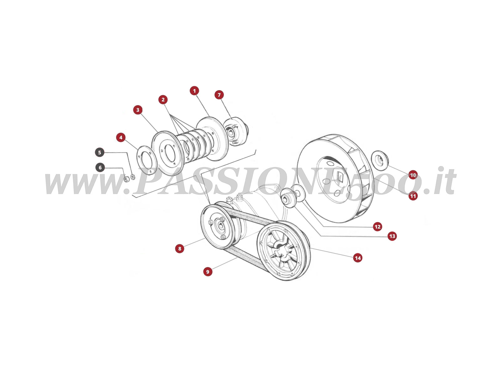 VUE EN ÈCLATÈ 14M – Commande turbine refroiddissement et dynamo FIAT 500R