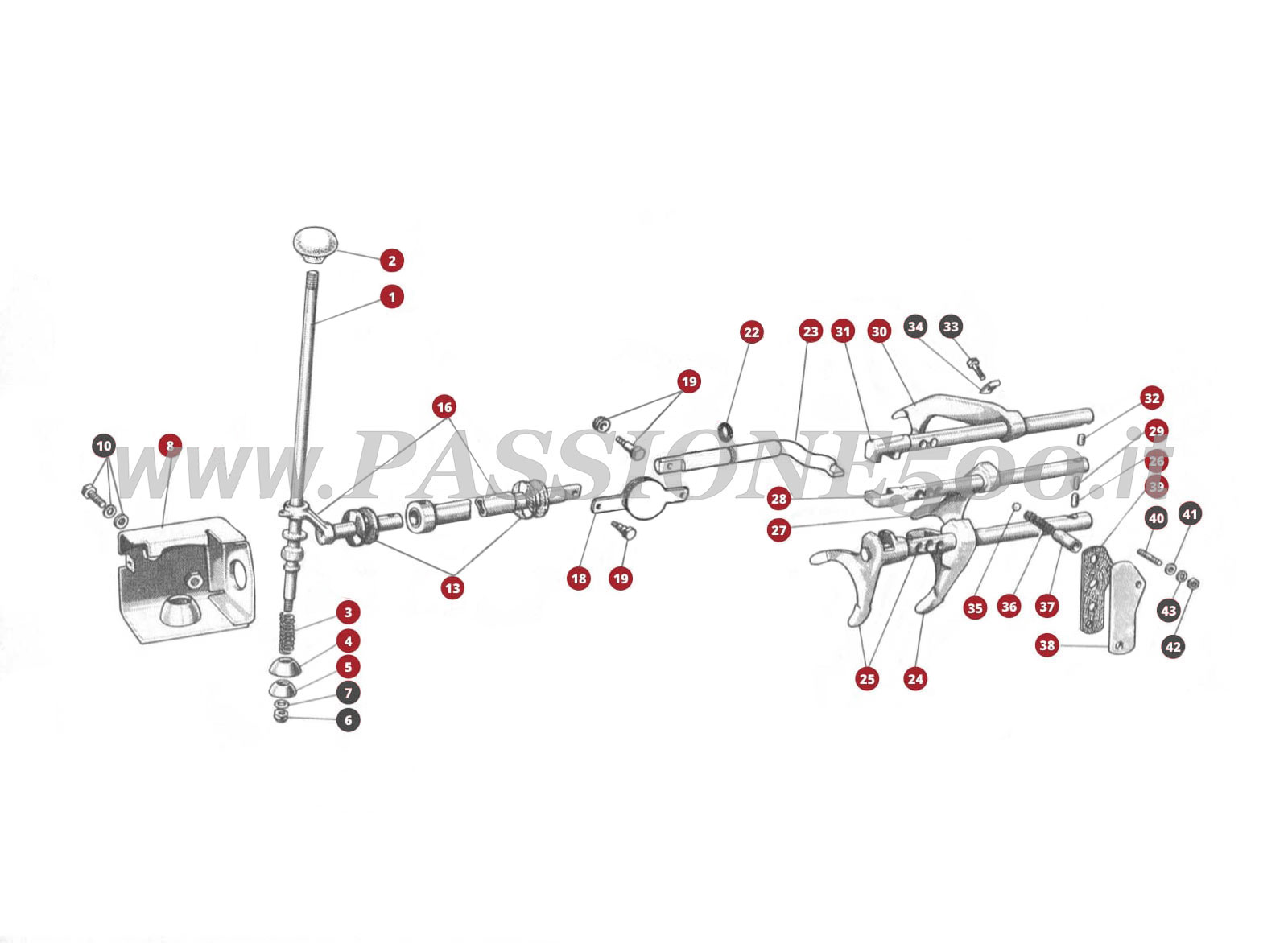 EXPLODED VIEW 20M – Gearshift handle control FIAT 500D