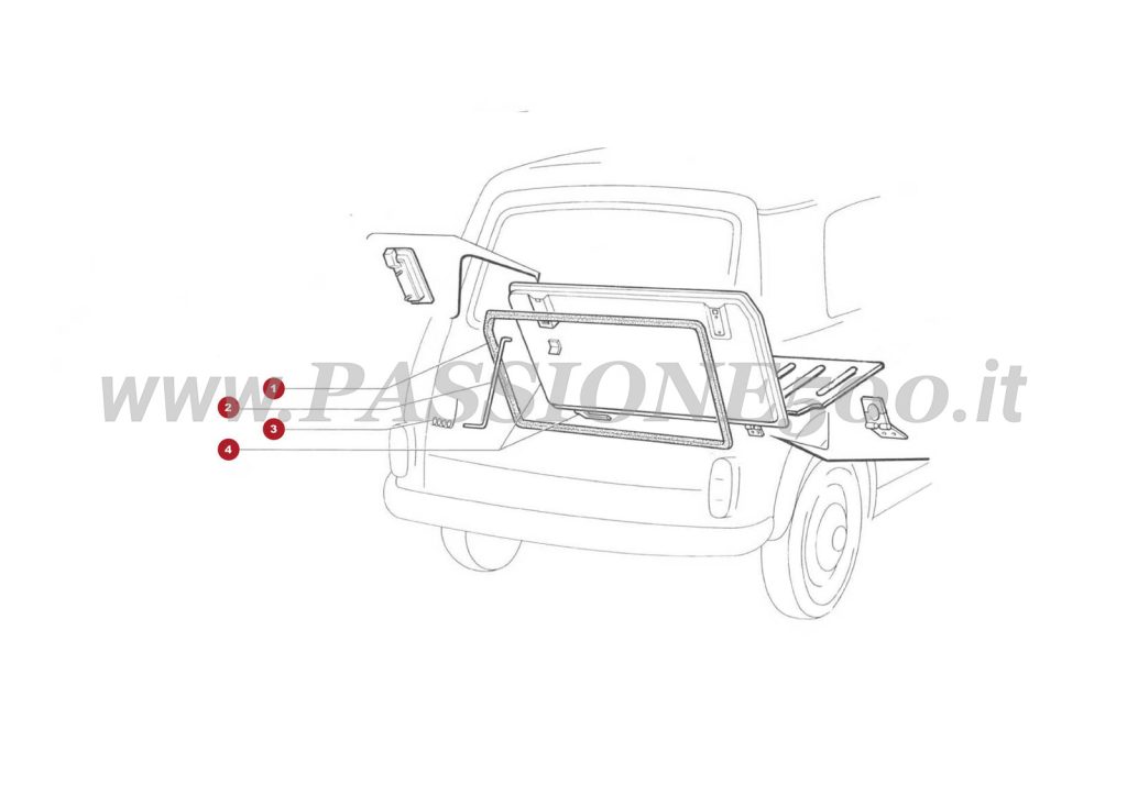 EXPLOSIONSZEICHNUNG 21C – Details der Motorraumklappe Autobianchi FIAT 500 Giardiniera Base F