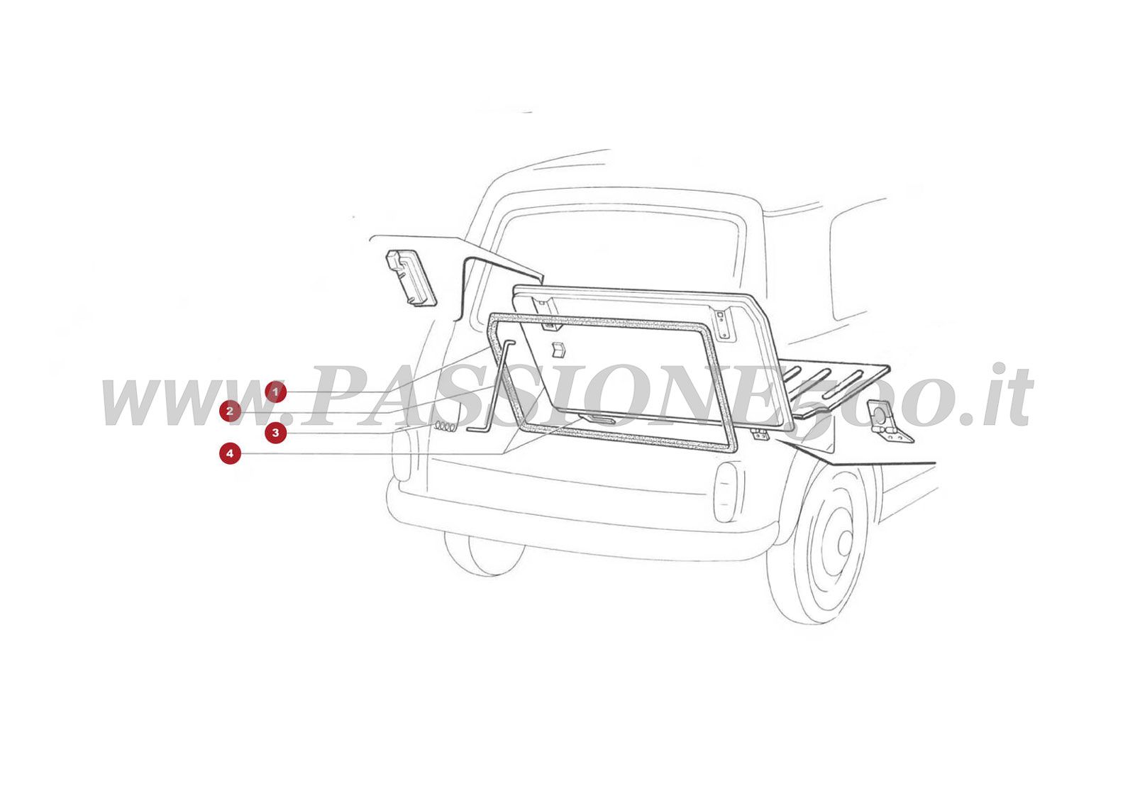 ESPLOSO 21C – Particolari sportello vano motore Autobianchi FIAT 500 Giardiniera Base F