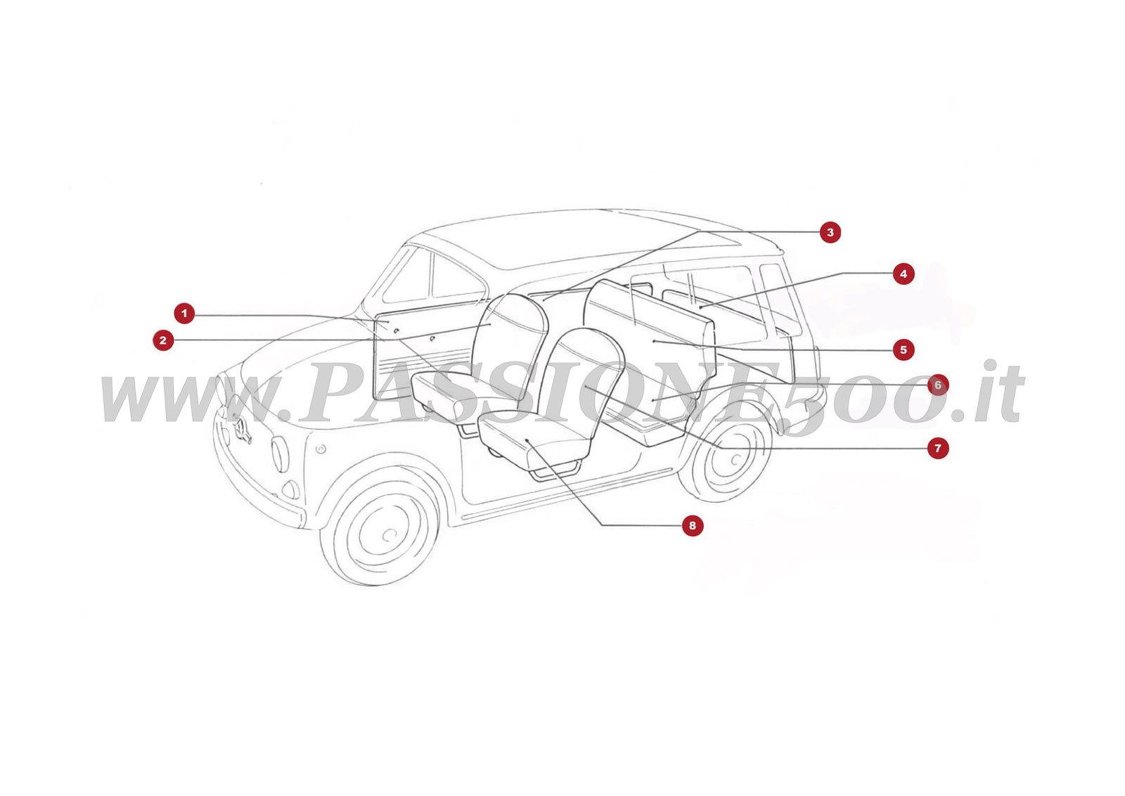 ESPLOSO 22C – Pannelleria e selleria interna Autobianchi FIAT 500 Giardiniera Base F