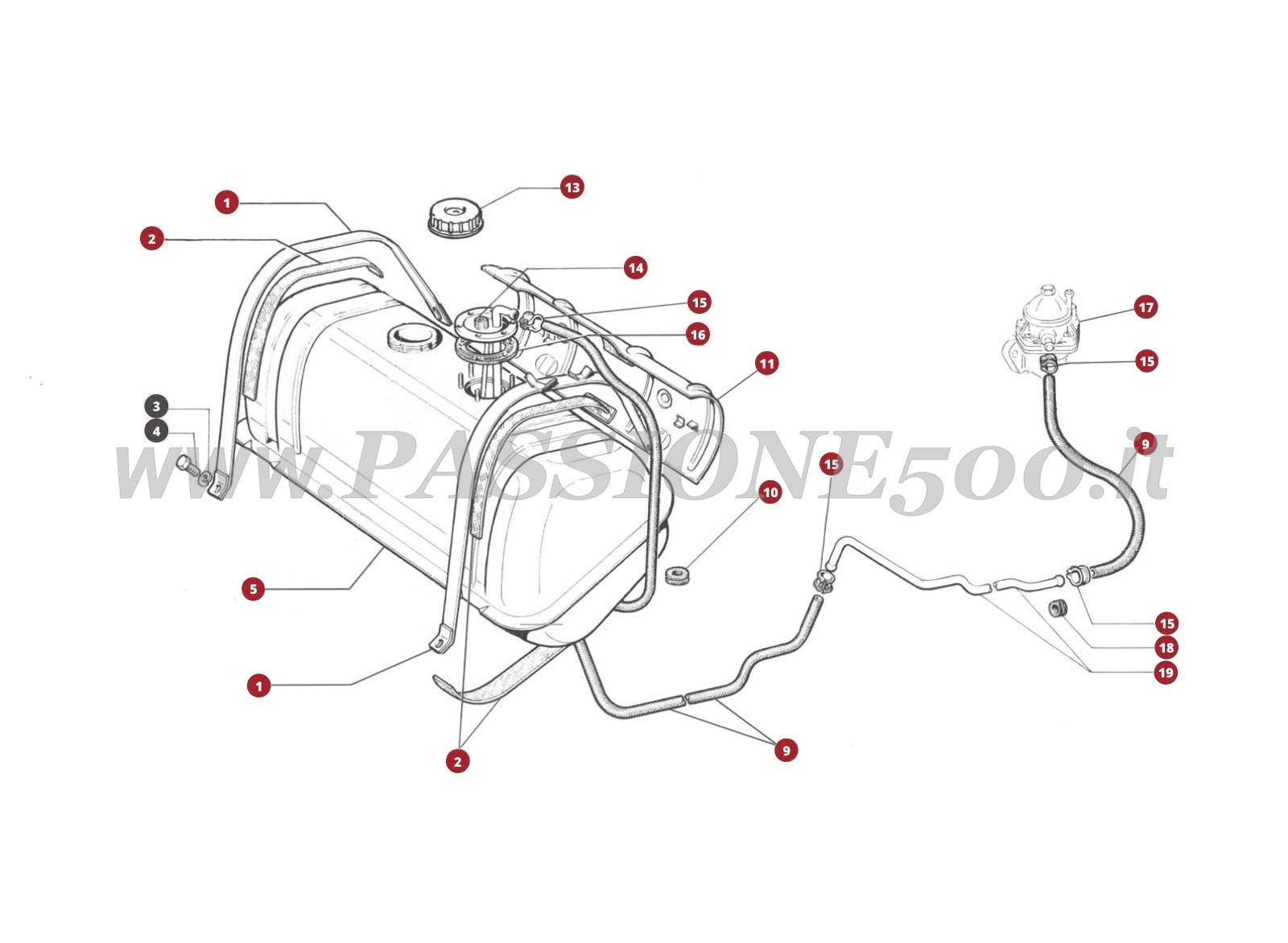 VUE EN ÈCLATÈ 7M – Réservoir et systéme essence FIAT 500R
