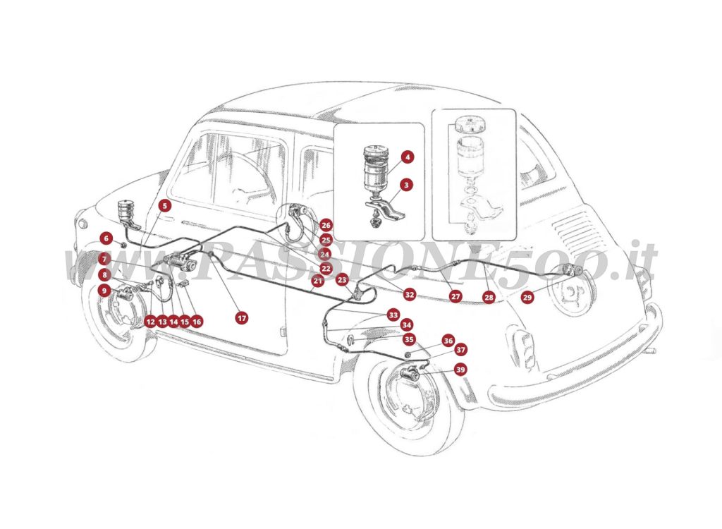 EXPLOSIONSZEICHNUNG 23M – Bremsfusshebel und Hauptbremszylinder FIAT 500D