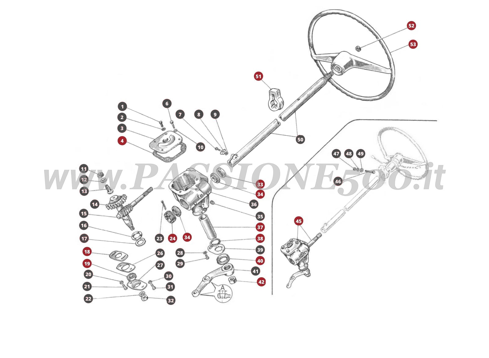 EXPLODED VIEW 27M – Steering gear system FIAT 500D