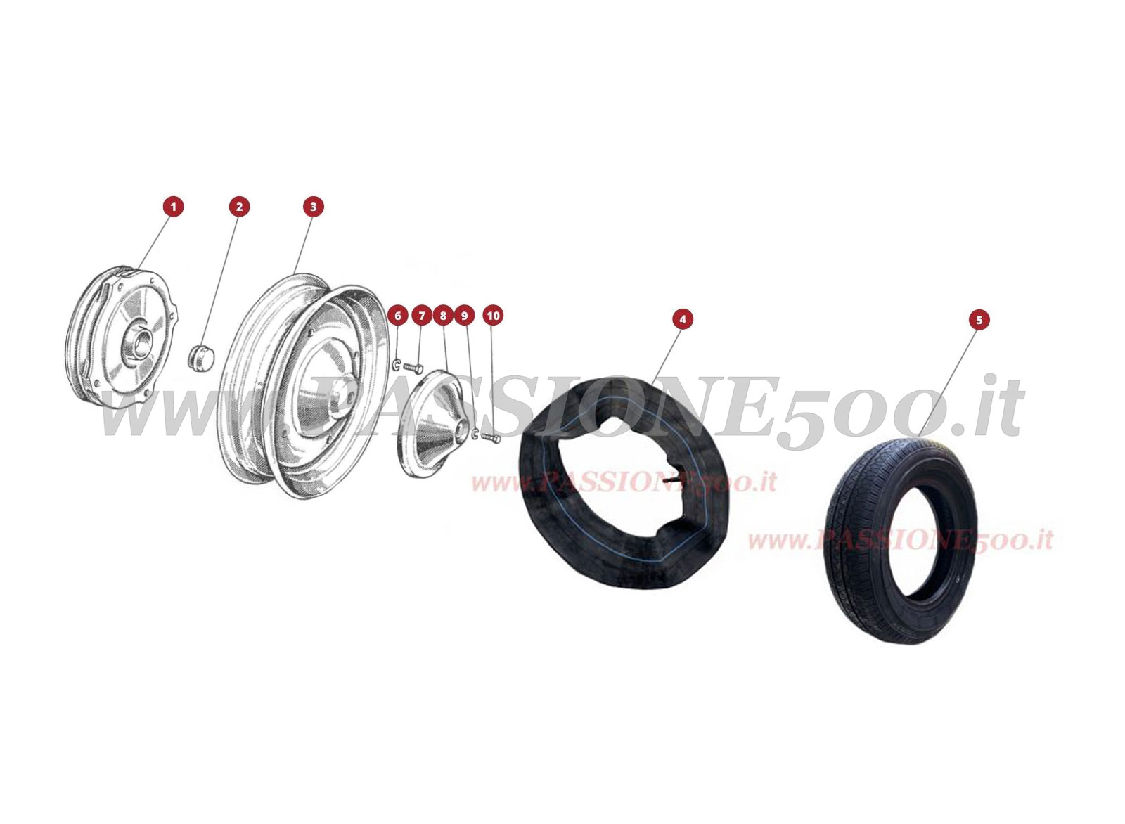 EXPLODED VIEW 32M – Tyres, Hubcaps and Wheels FIAT 500D
