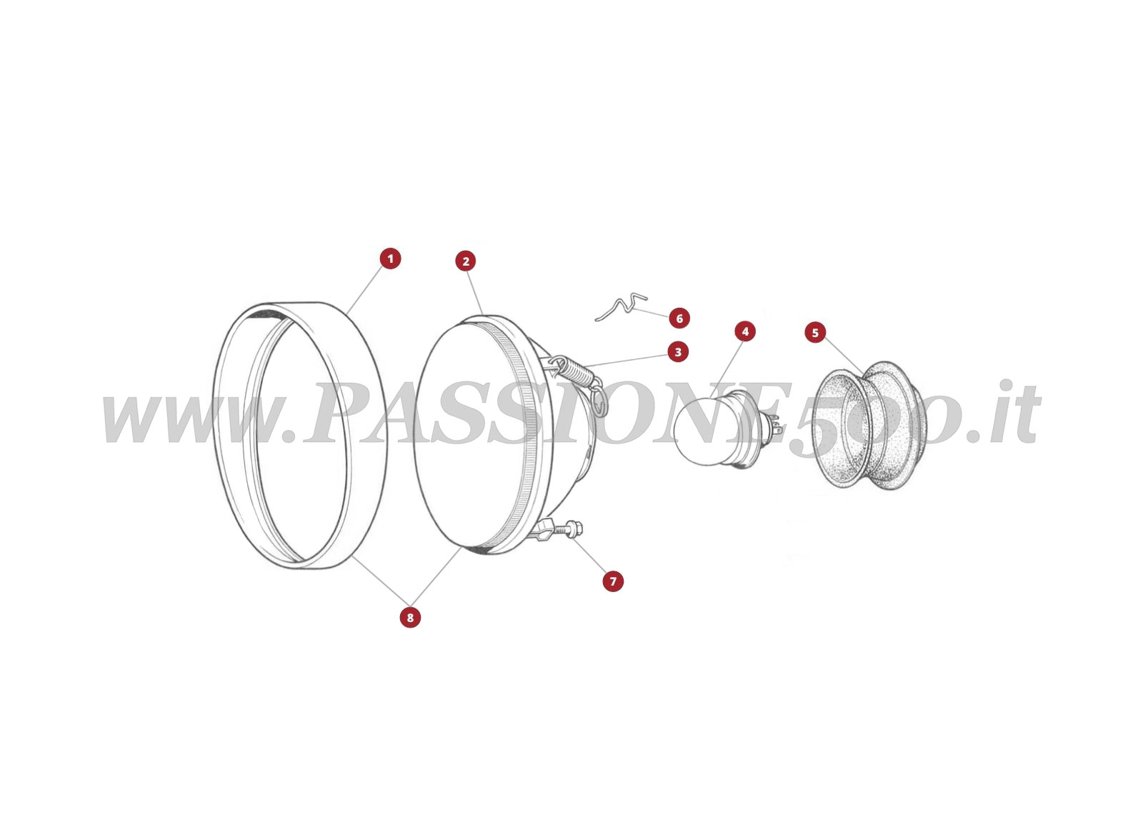EXPLODED VIEW 40M – Front head lamp FIAT 500 Giardiniera Base F