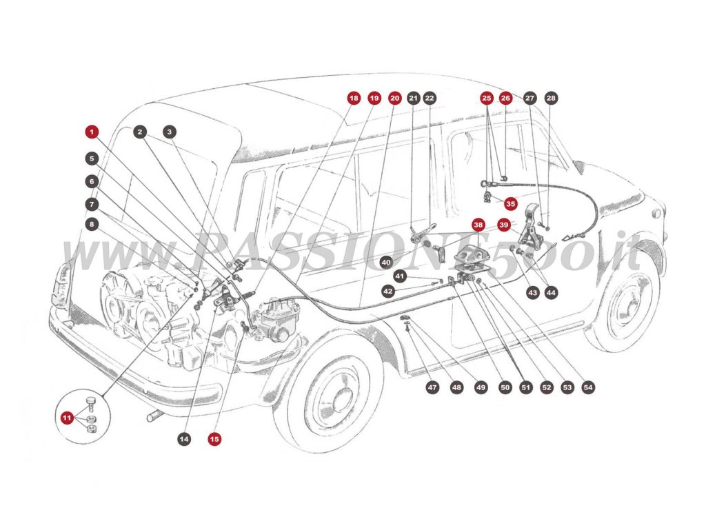 EXPLODED VIEW 10M – Throttle and carburettor control FIAT 500 Giardiniera Base D