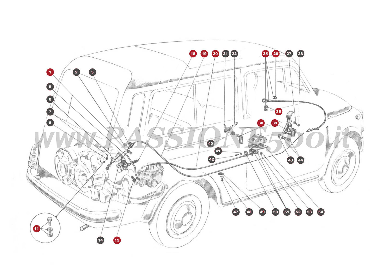 EXPLODED VIEW 10M – Throttle and carburettor control FIAT 500 Giardiniera Base D