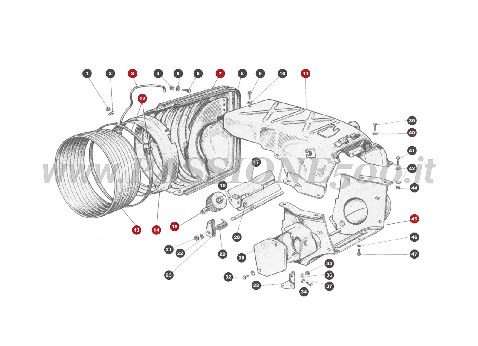 EXPLODED VIEW 13M – Air and cooling system FIAT 500 Giardiniera Base F