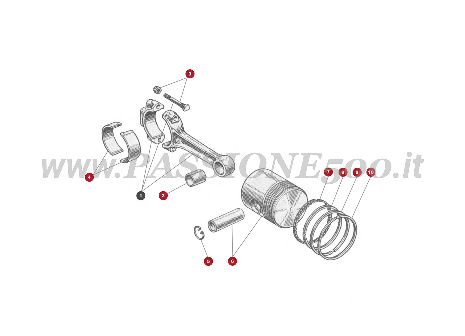EXPLODED VIEW 4M – Piston and connecting rod FIAT 500 Giardiniera Base F