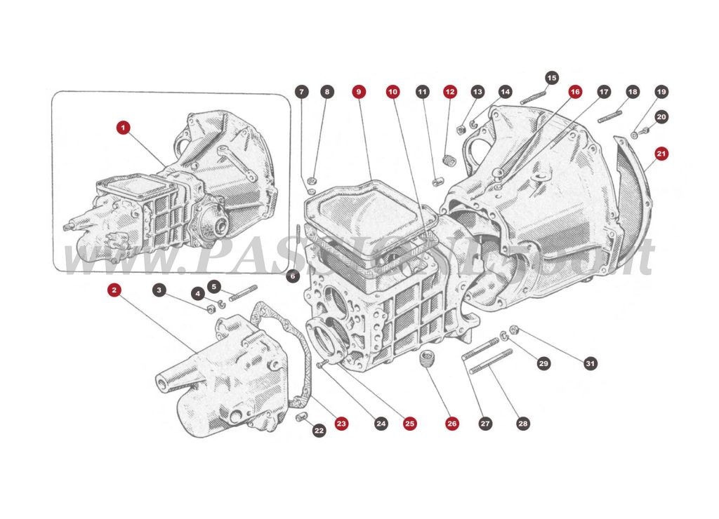 EXPLODED VIEW 17M – Gearbox casing and differential FIAT 500 Giardiniera Base D