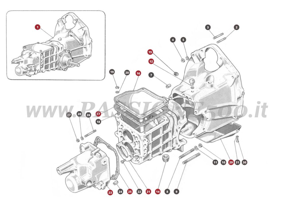 EXPLOSIONSZEICHNUNG 17M – Wechselgetriebe und differential FIAT 500D