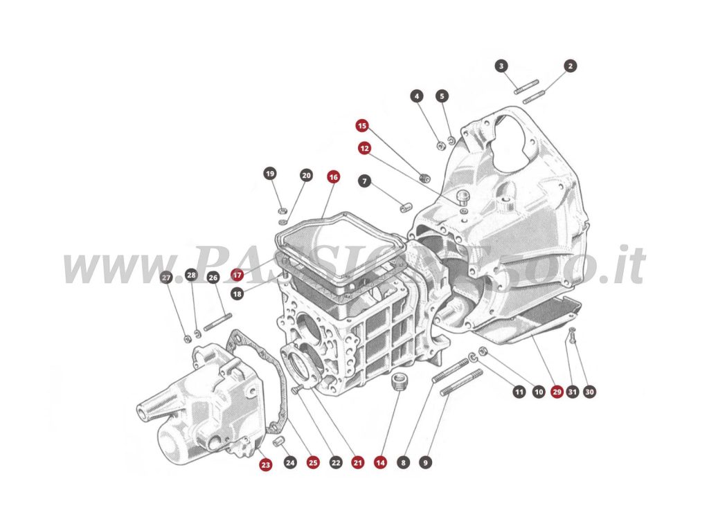 EXPLODED VIEW 17M – Gearbox casing and differential FIAT 500N